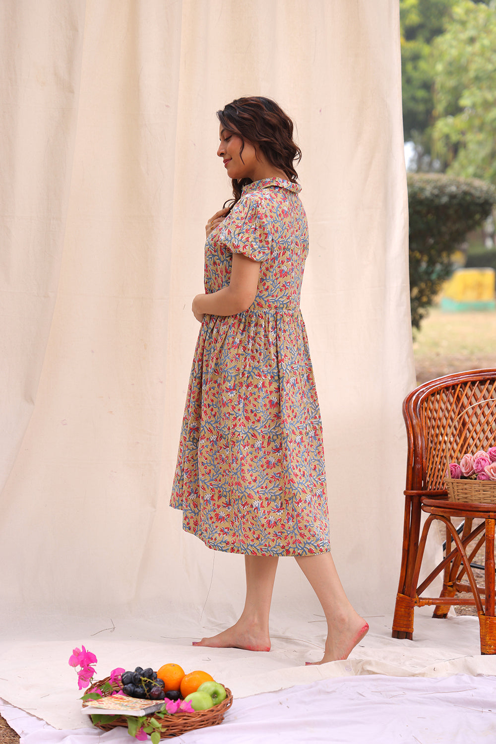 Beige Floral Block Print Cotton Dress