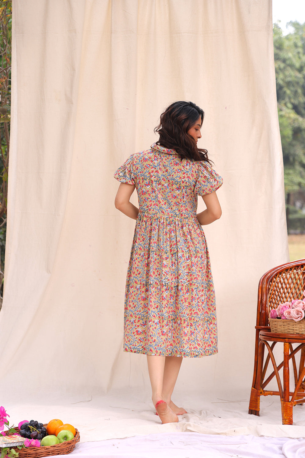 Beige Floral Block Print Cotton Dress