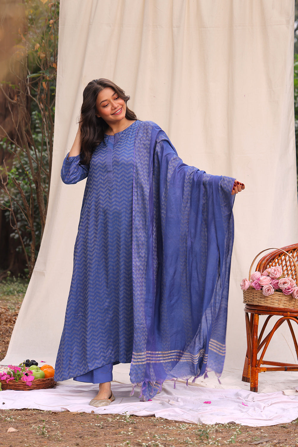 Marine Blue Soft Cotton Silk Woven Kurta Set With Dupatta