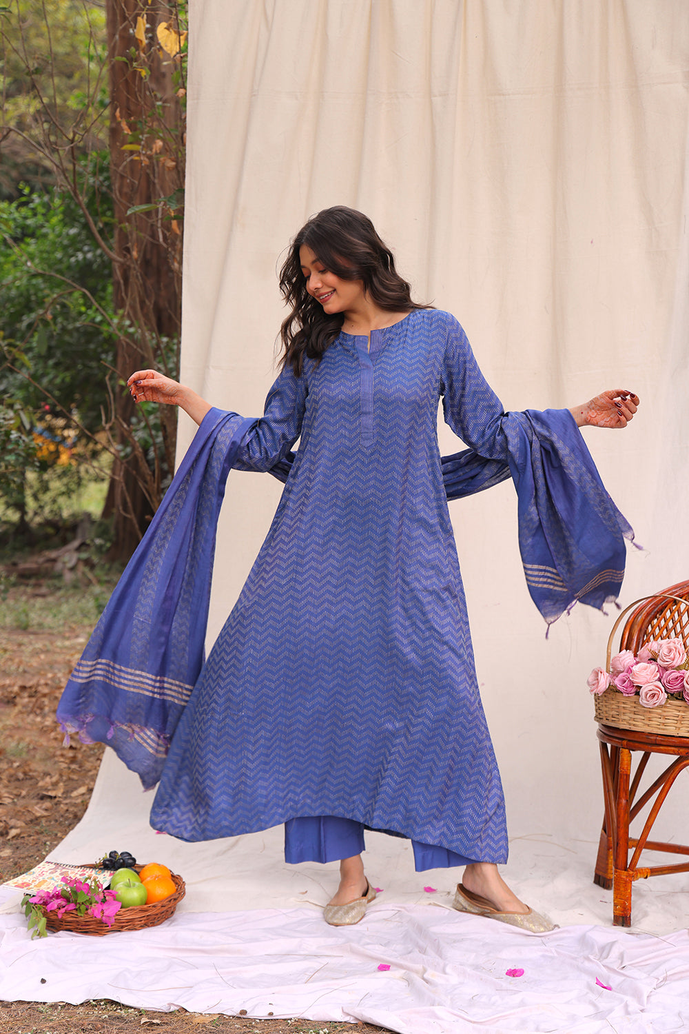 Marine Blue Soft Cotton Silk Woven Kurta Set With Dupatta