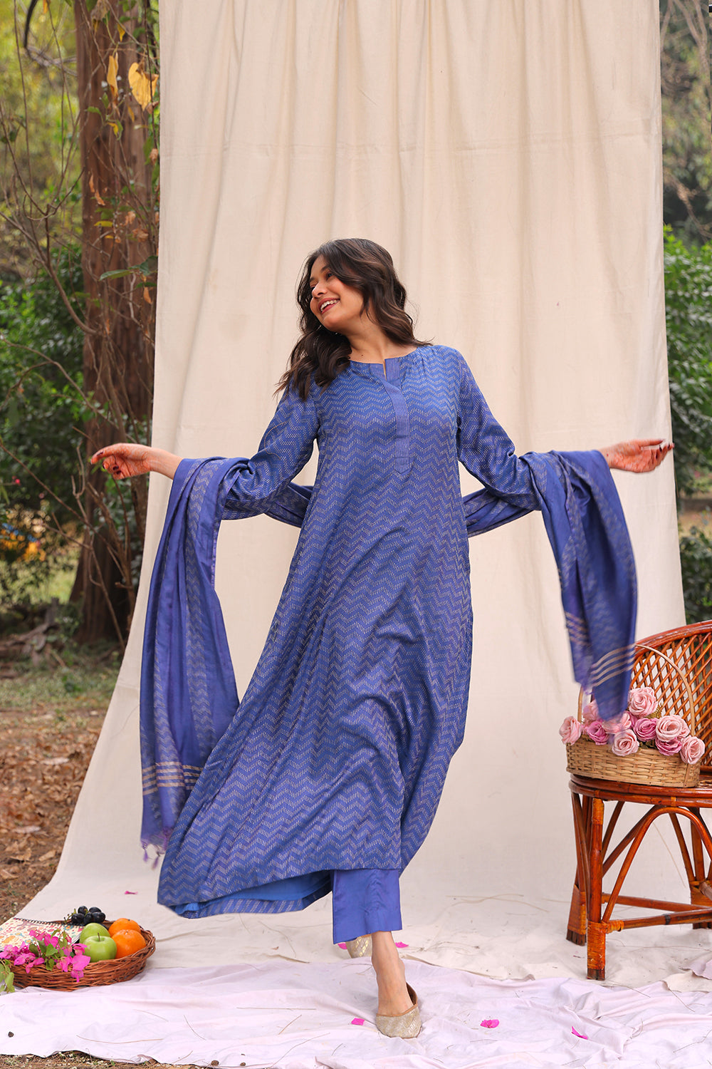 Marine Blue Soft Cotton Silk Woven Kurta Set With Dupatta