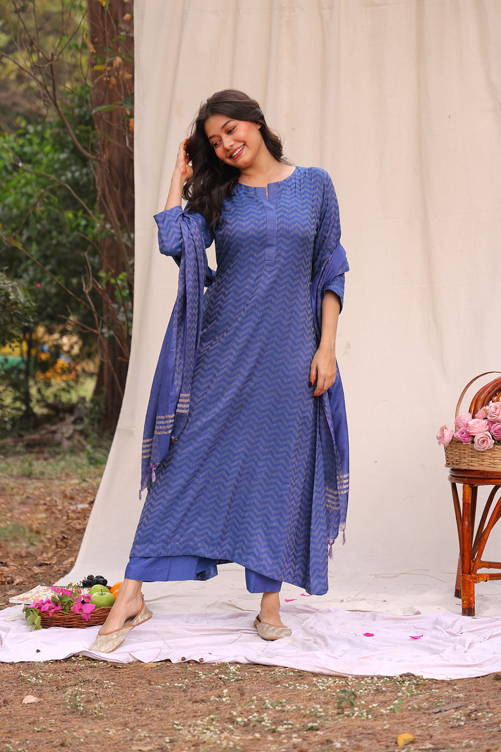 Marine Blue Soft Cotton Silk Woven Kurta Set With Dupatta