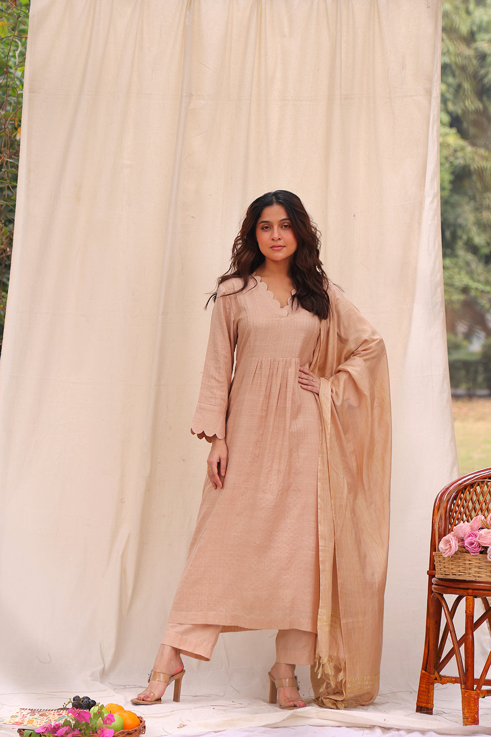 Beige Soft Cotton Silk Woven Kurta Set With Dupatta