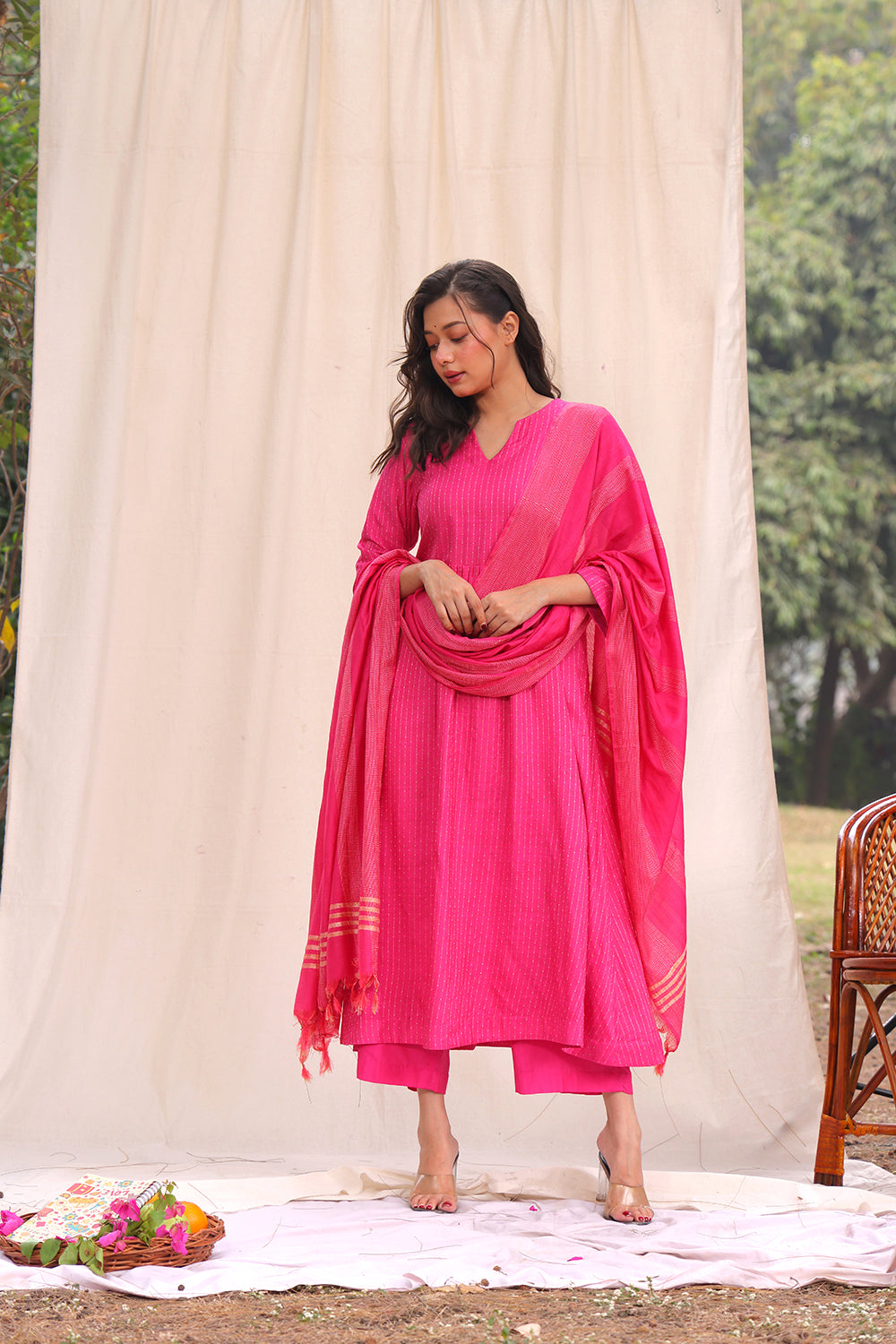 Hot Pink Soft Cotton Silk Woven Kurta Set With Dupatta