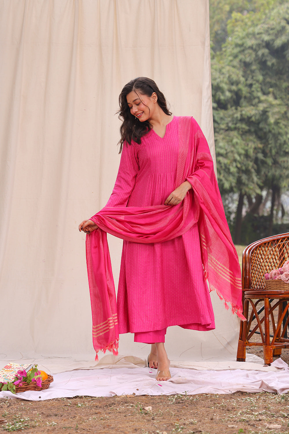 Hot Pink Soft Cotton Silk Woven Kurta Set With Dupatta