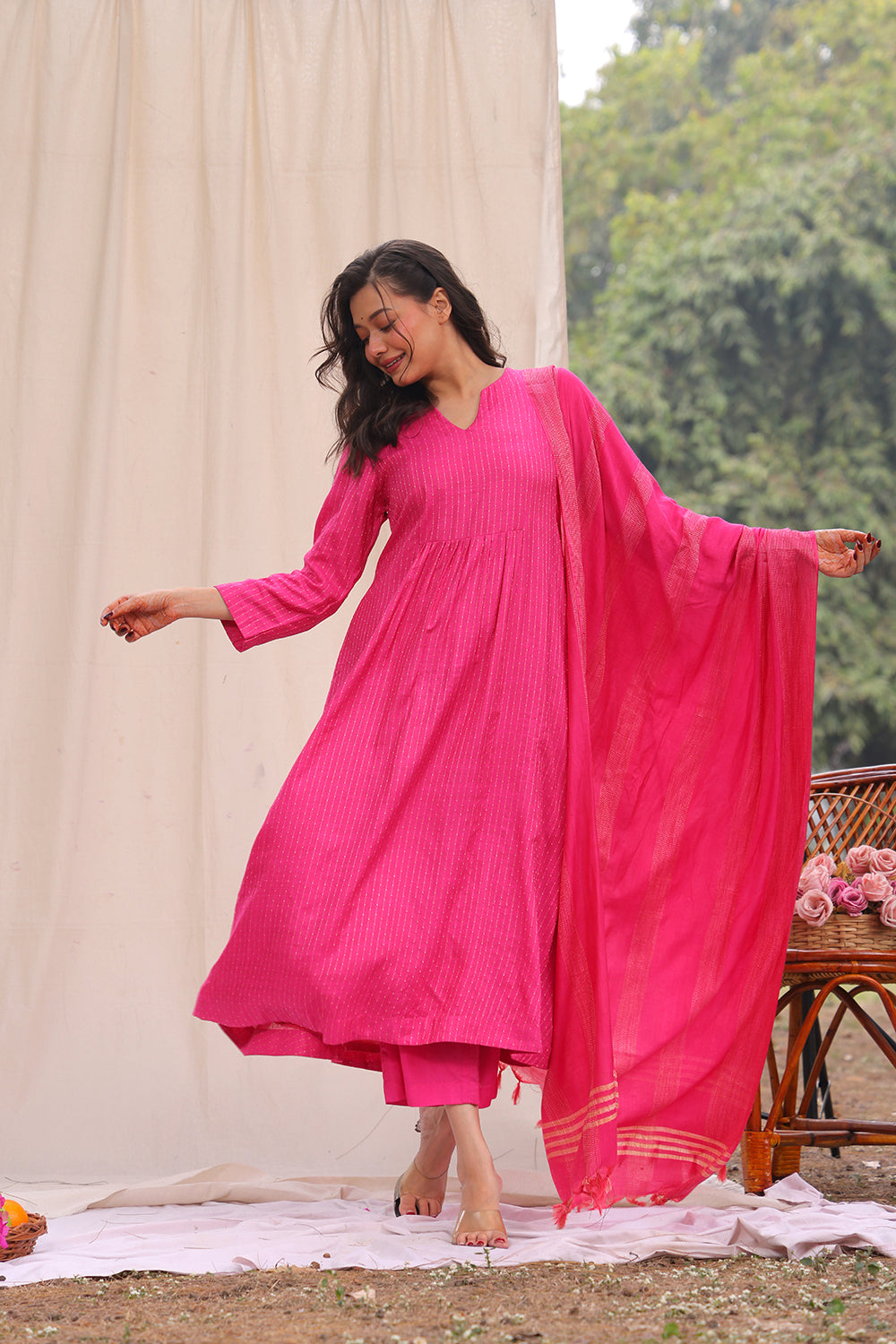 Hot Pink Soft Cotton Silk Woven Kurta Set With Dupatta