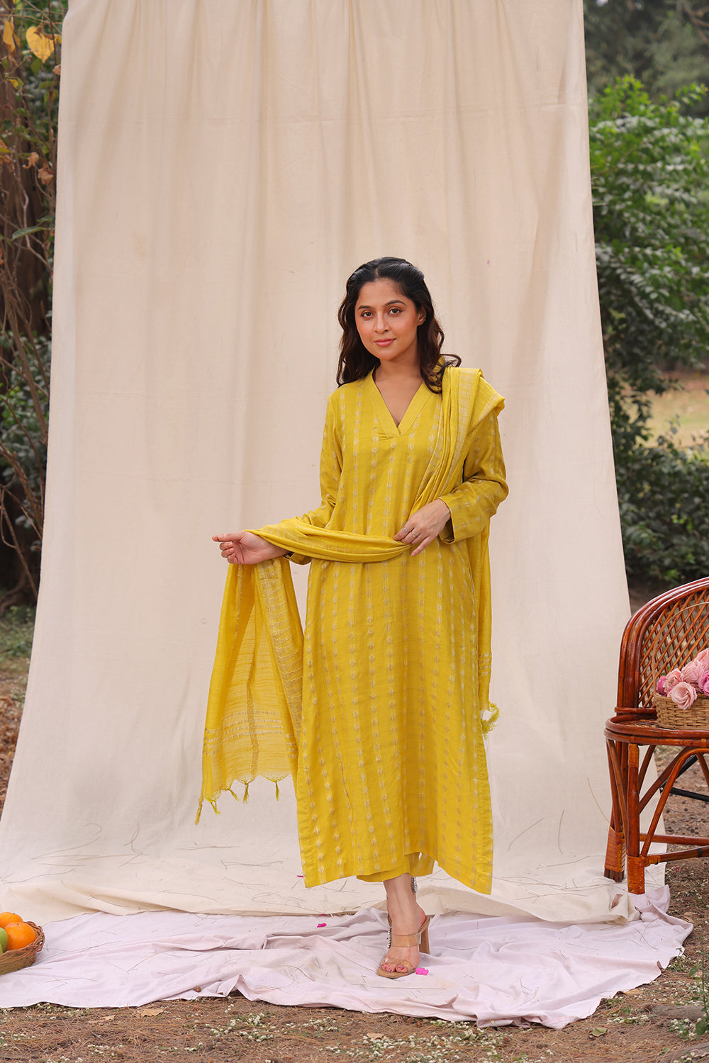 Lemon Yellow Soft Cotton Silk Woven Kurta Set With Dupatta