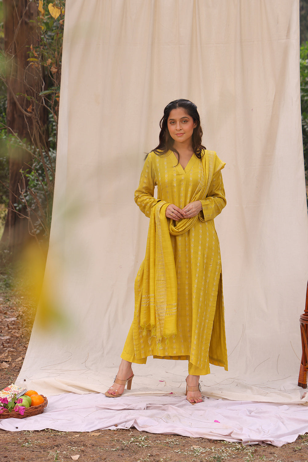 Lemon Yellow Soft Cotton Silk Woven Kurta Set With Dupatta