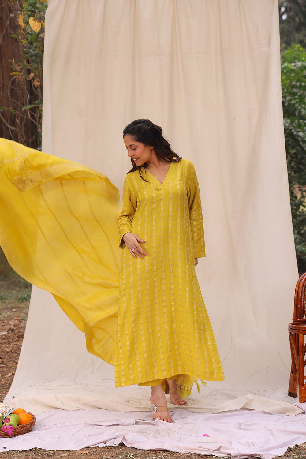 Lemon Yellow Soft Cotton Silk Woven Kurta Set With Dupatta