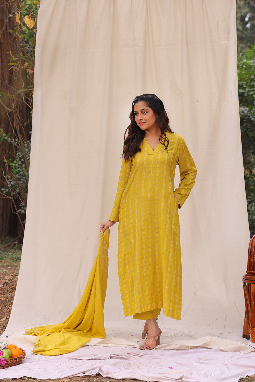 Lemon Yellow Soft Cotton Silk Woven Kurta Set With Dupatta