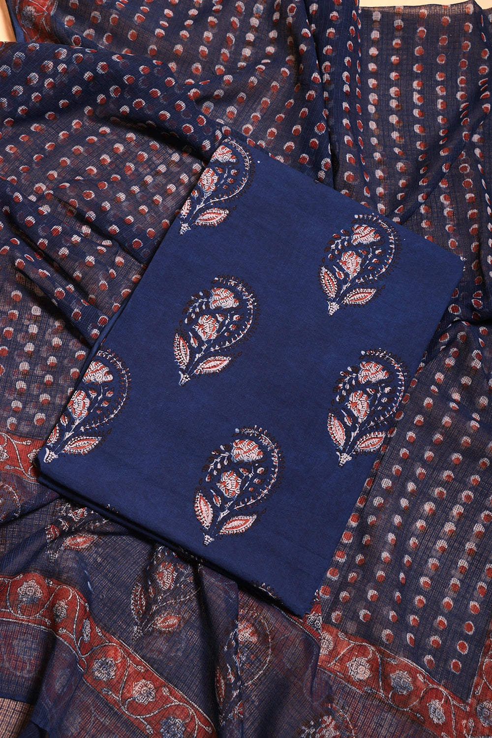 Indigo Hand Block Print Suit Set With Dupatta
