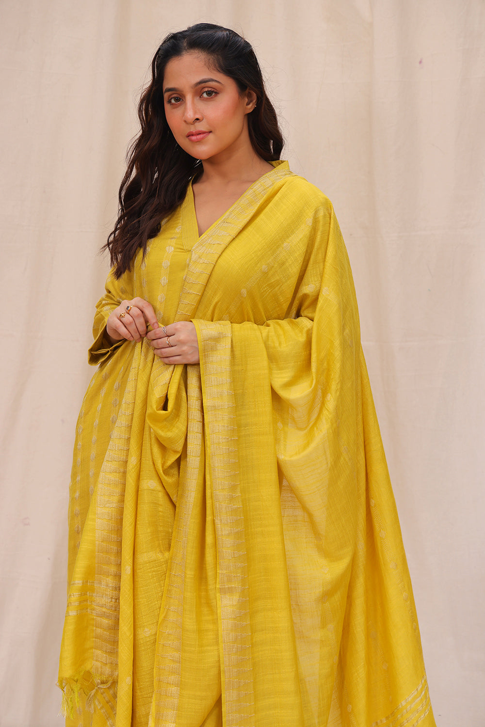 Lemon Yellow Soft Cotton Silk Woven Kurta Set With Dupatta