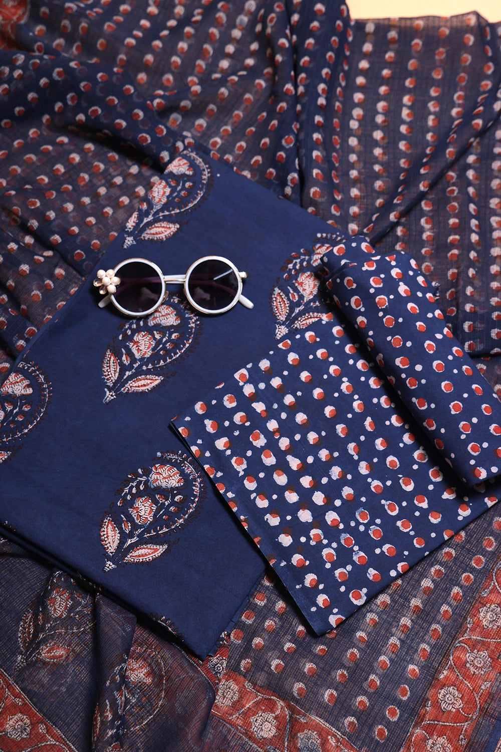 Indigo Hand Block Print Suit Set With Dupatta