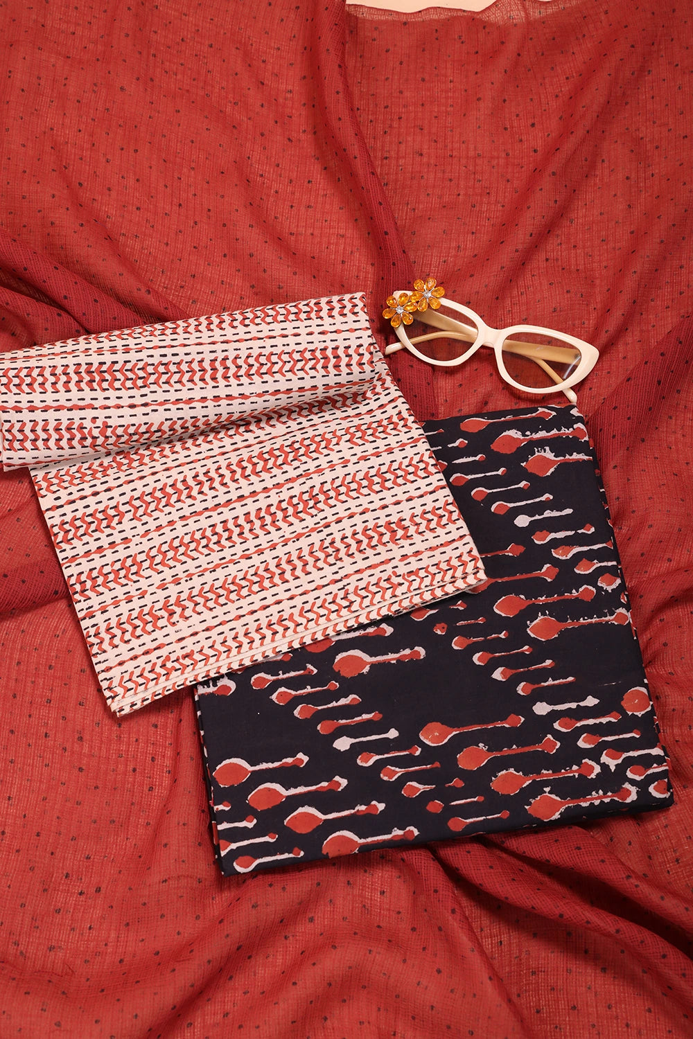 Maroon Spoon Hand Block Print Suit Set With Dupatta