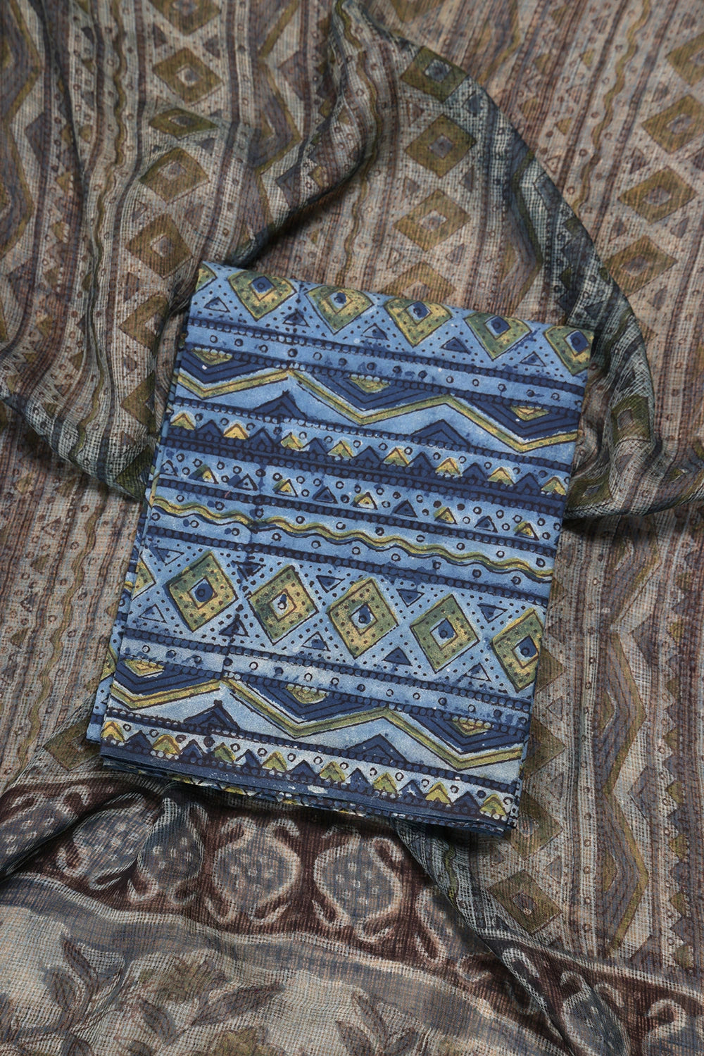Blue Hand Block Print Suit Set With Dupatta