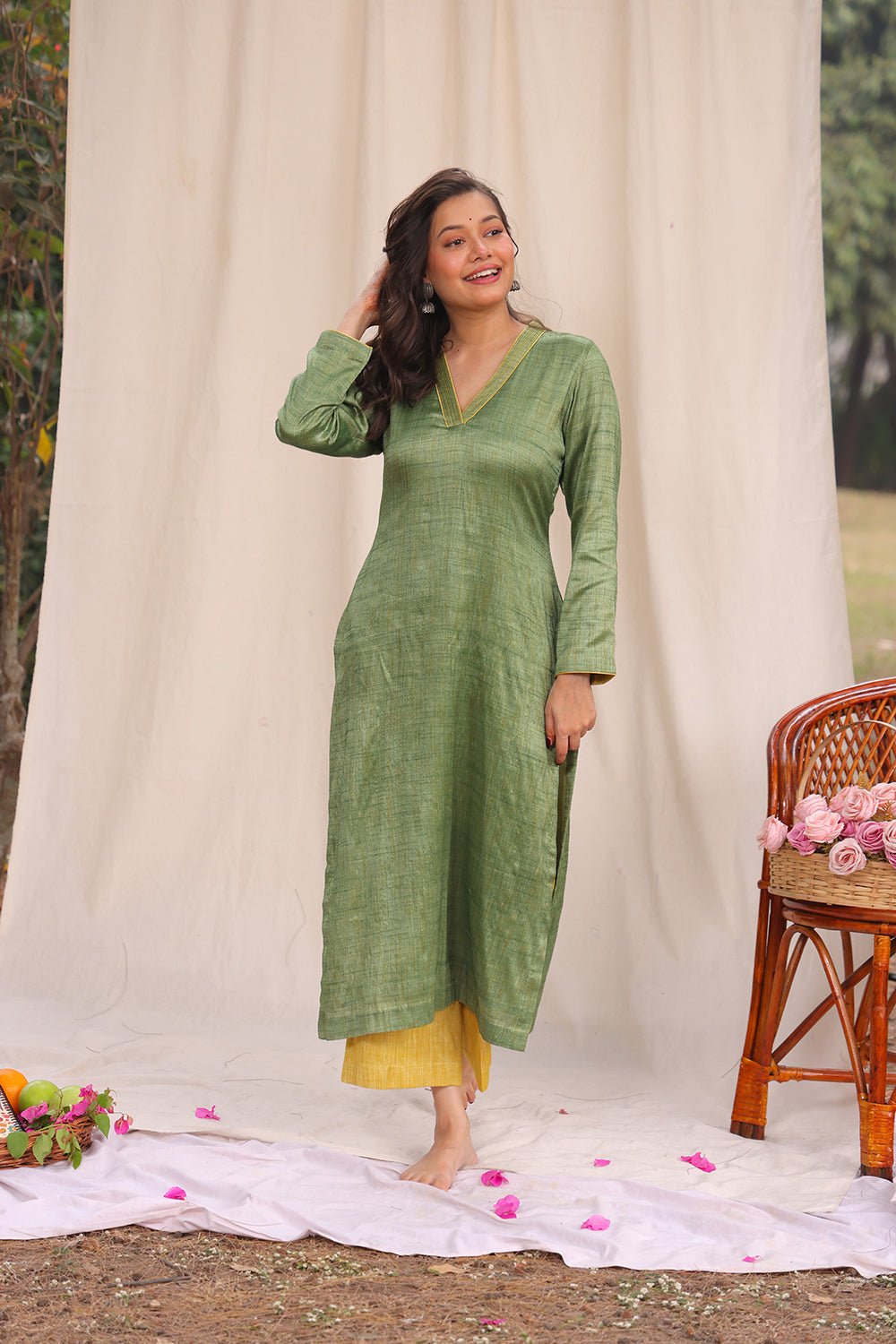 Green and Yellow Khadi Cotton Co-ord Set