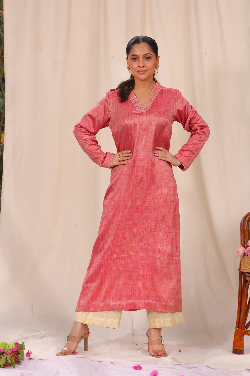 Pink and Cream Khadi Cotton Co-ord Set