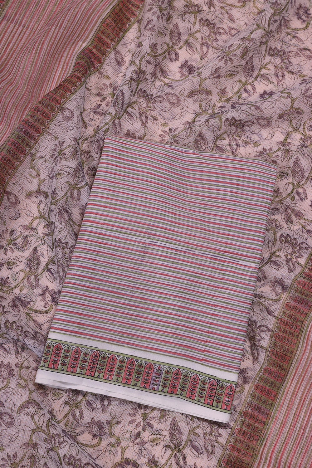 Salmon and Frost Pink Hand Block Printed Suit Set With Dupatta