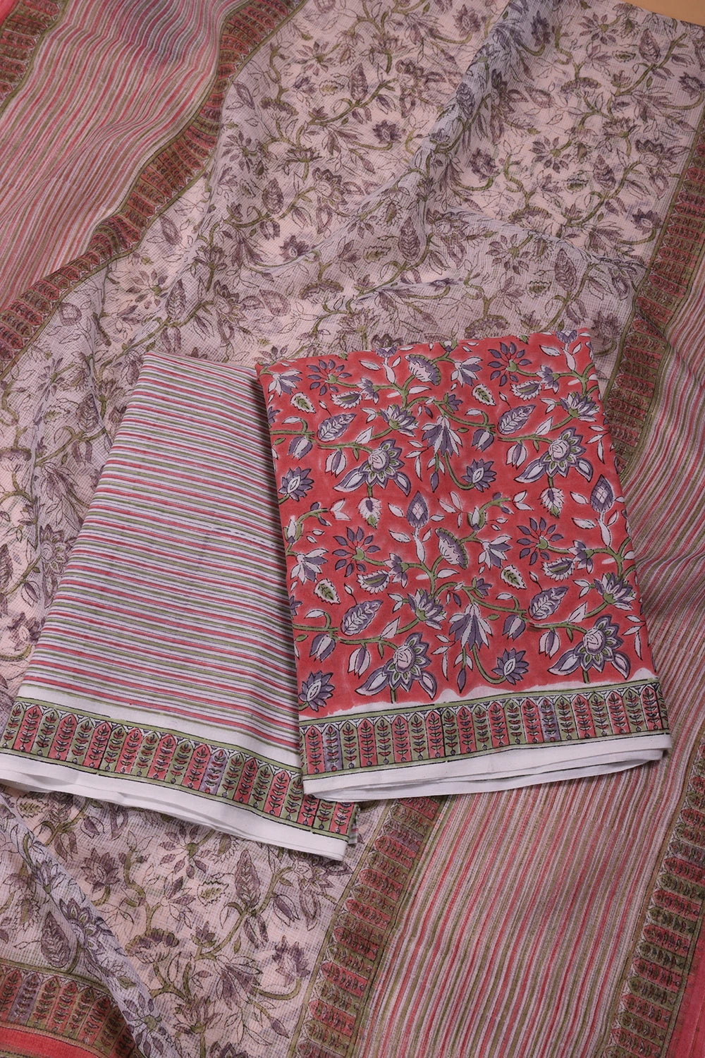 Salmon and Frost Pink Hand Block Printed Suit Set With Dupatta