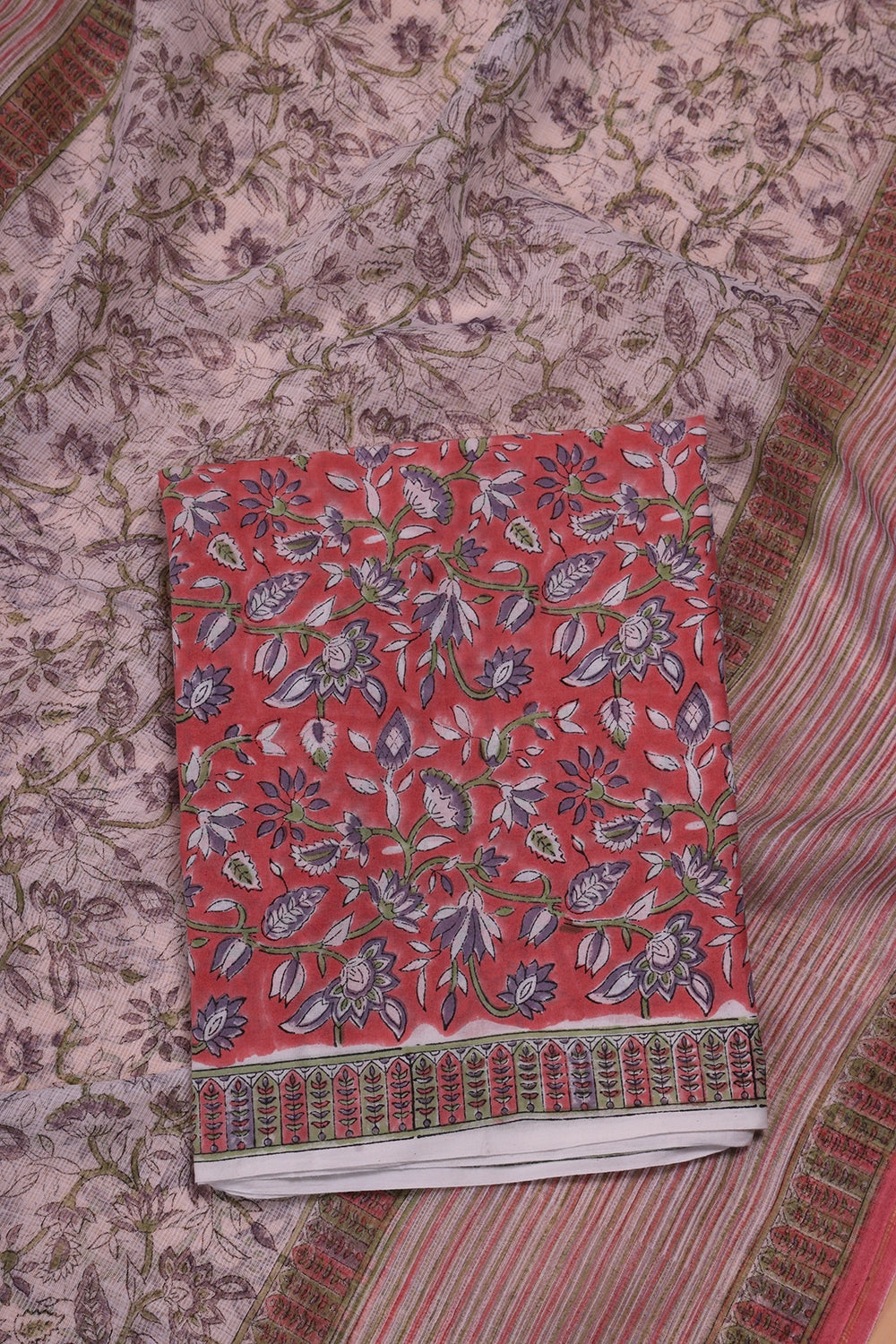 Salmon and Frost Pink Hand Block Printed Suit Set With Dupatta
