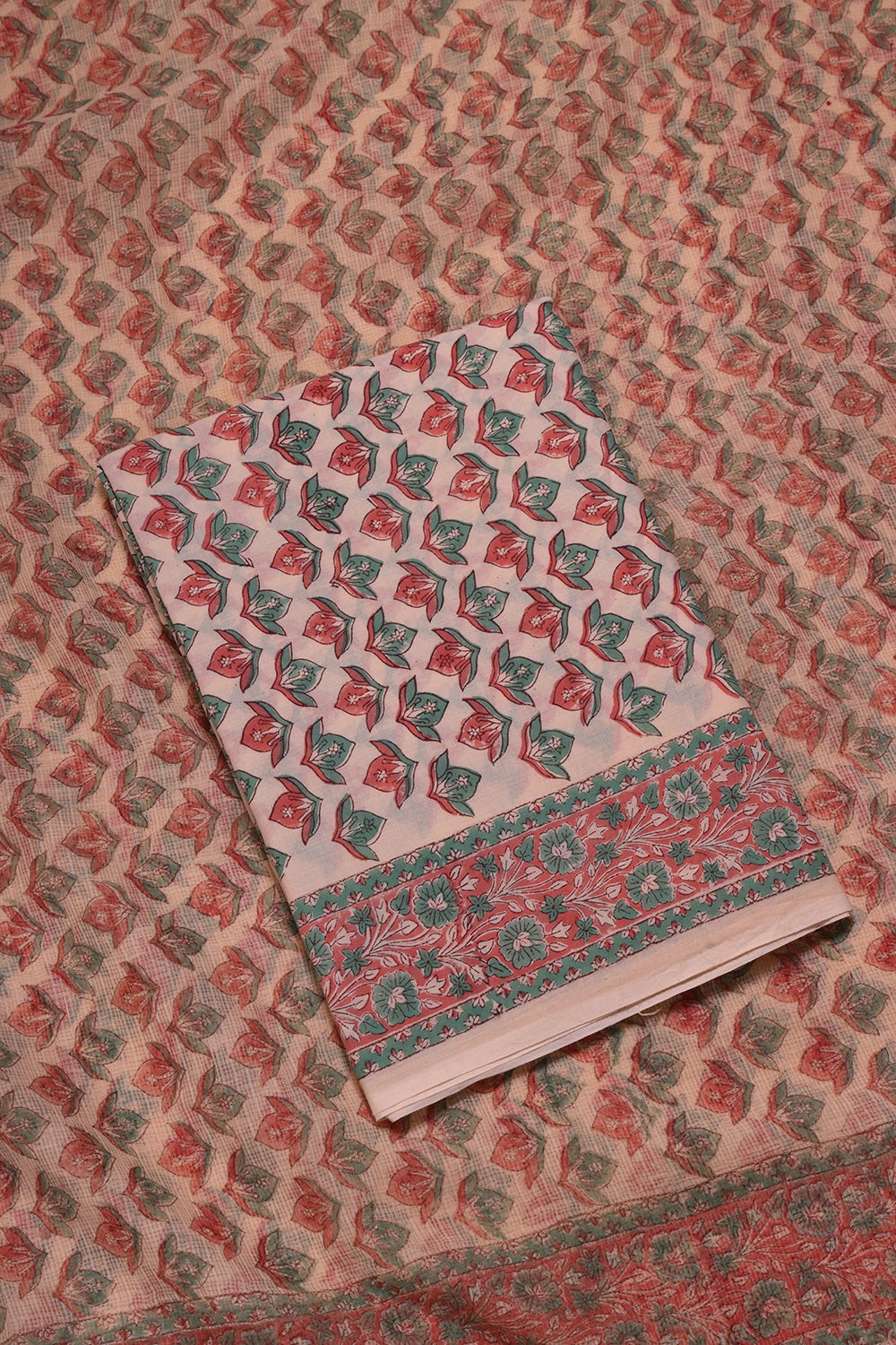 Beige Palm Hand Block Print Suit Set With Dupatta