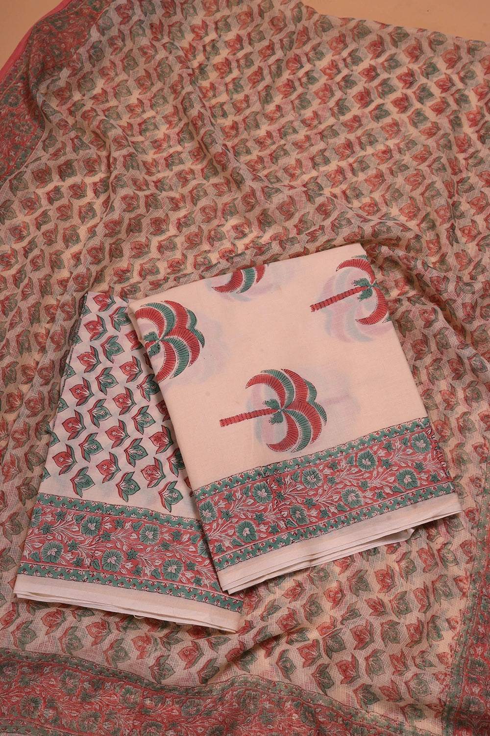 Beige Palm Hand Block Print Suit Set With Dupatta