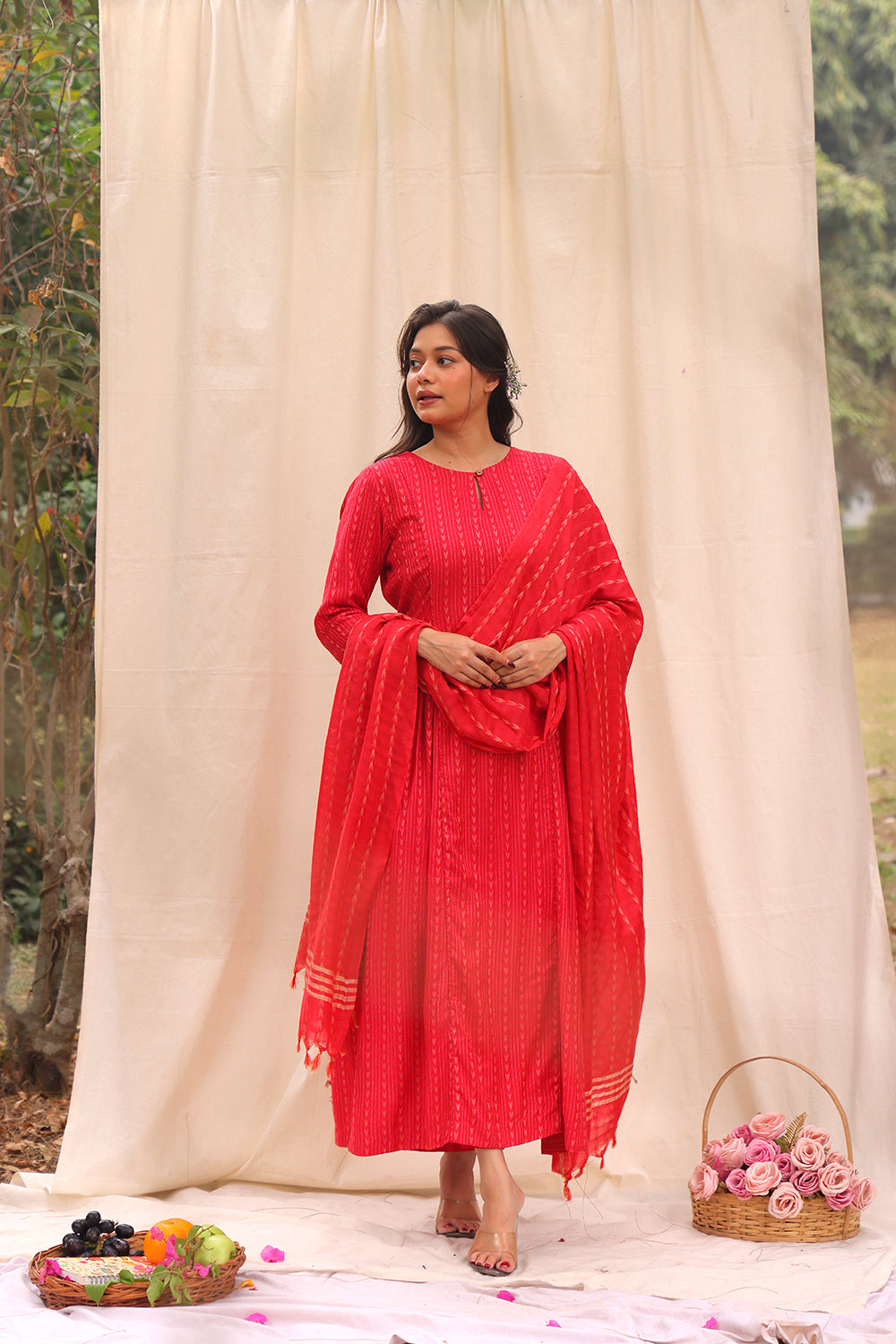 Candy Red Soft Cotton Silk Woven Kurta Set With Dupatta