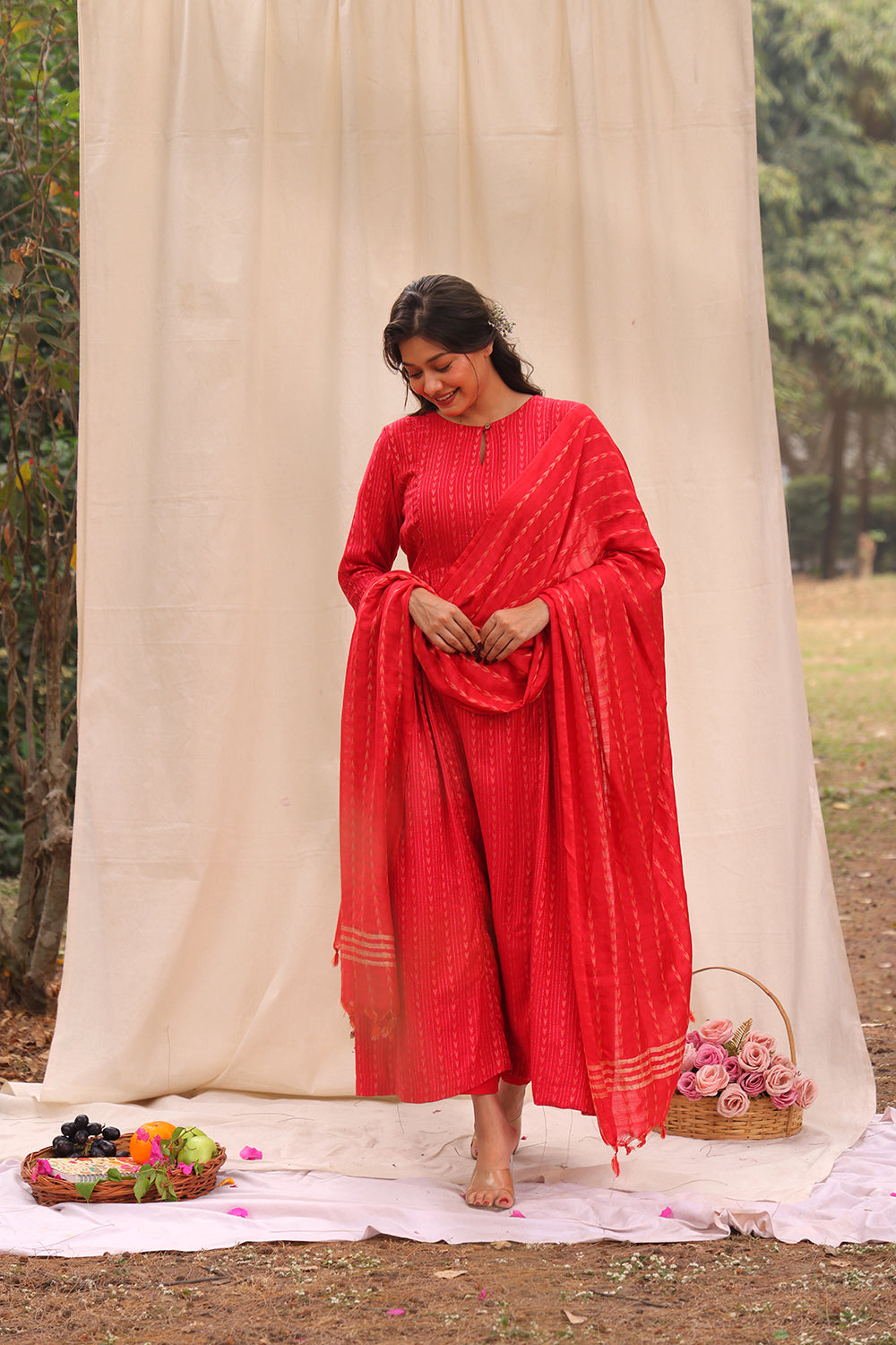 Candy Red Soft Cotton Silk Woven Kurta Set With Dupatta