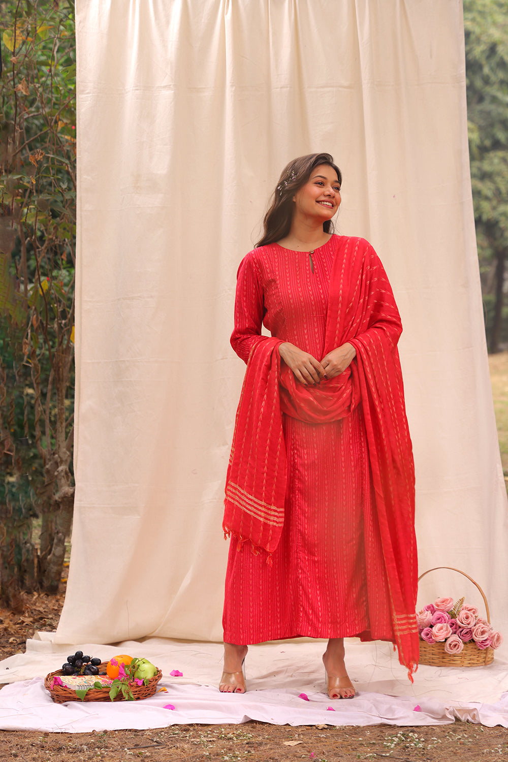 Candy Red Soft Cotton Silk Woven Kurta Set With Dupatta