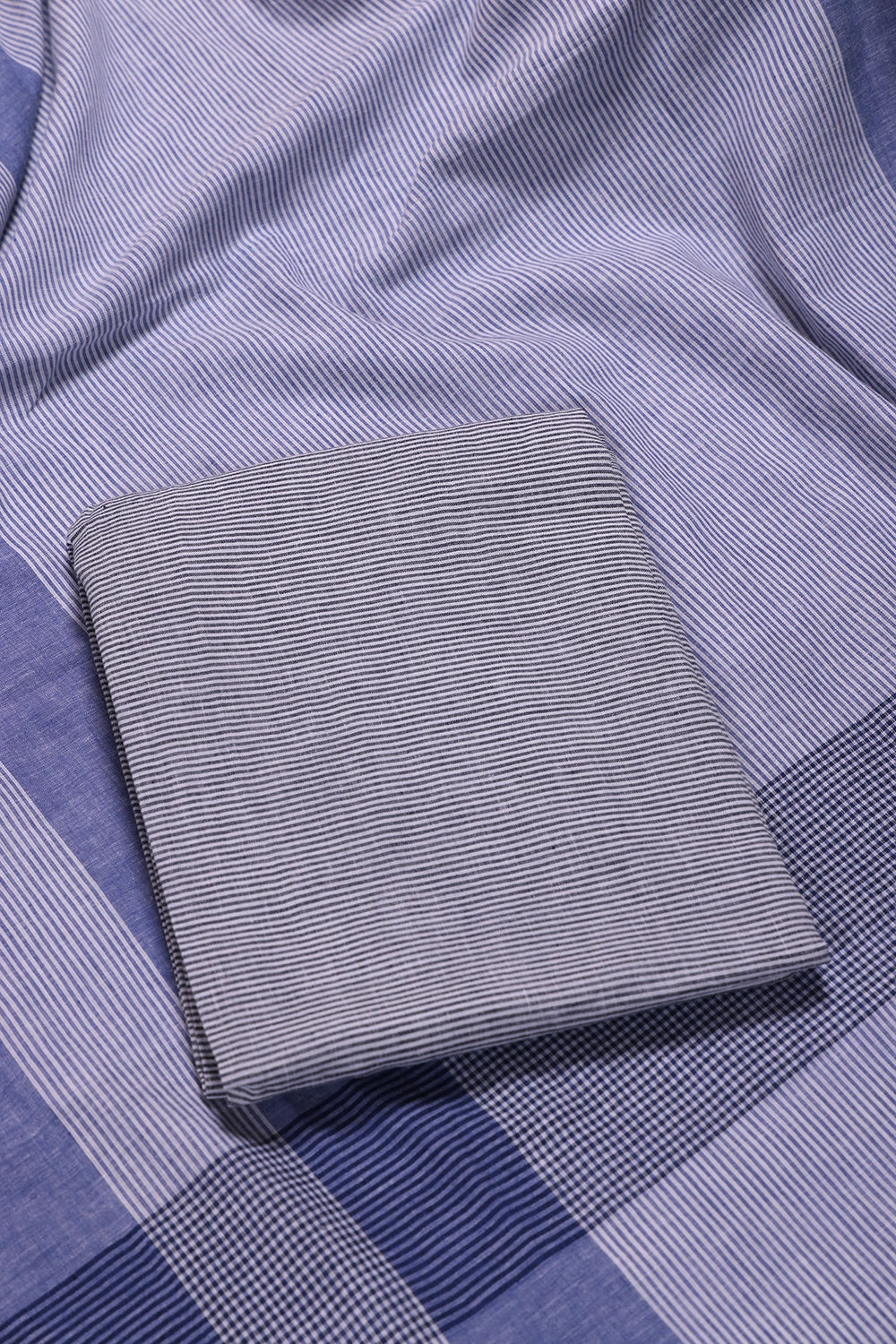 Navy Blue and White Woven Suit Set with Subtle Buti & Stripes Dupatta