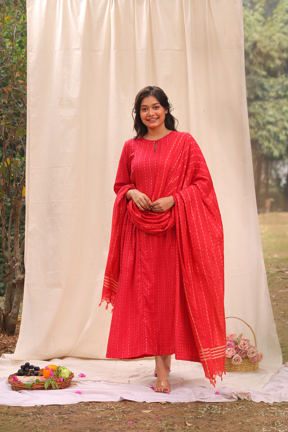 Candy Red Soft Cotton Silk Woven Kurta Set With Dupatta