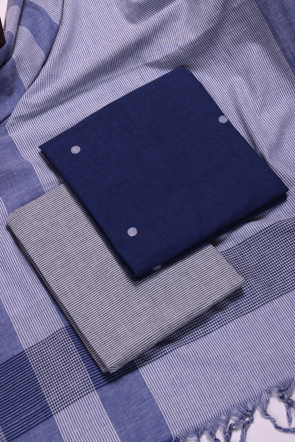 Navy Blue and White Woven Suit Set with Subtle Buti & Stripes Dupatta