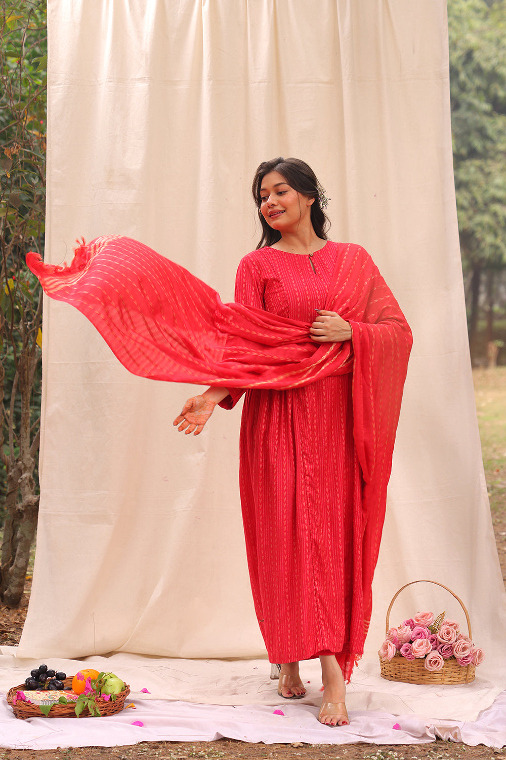 Candy Red Soft Cotton Silk Woven Kurta Set With Dupatta