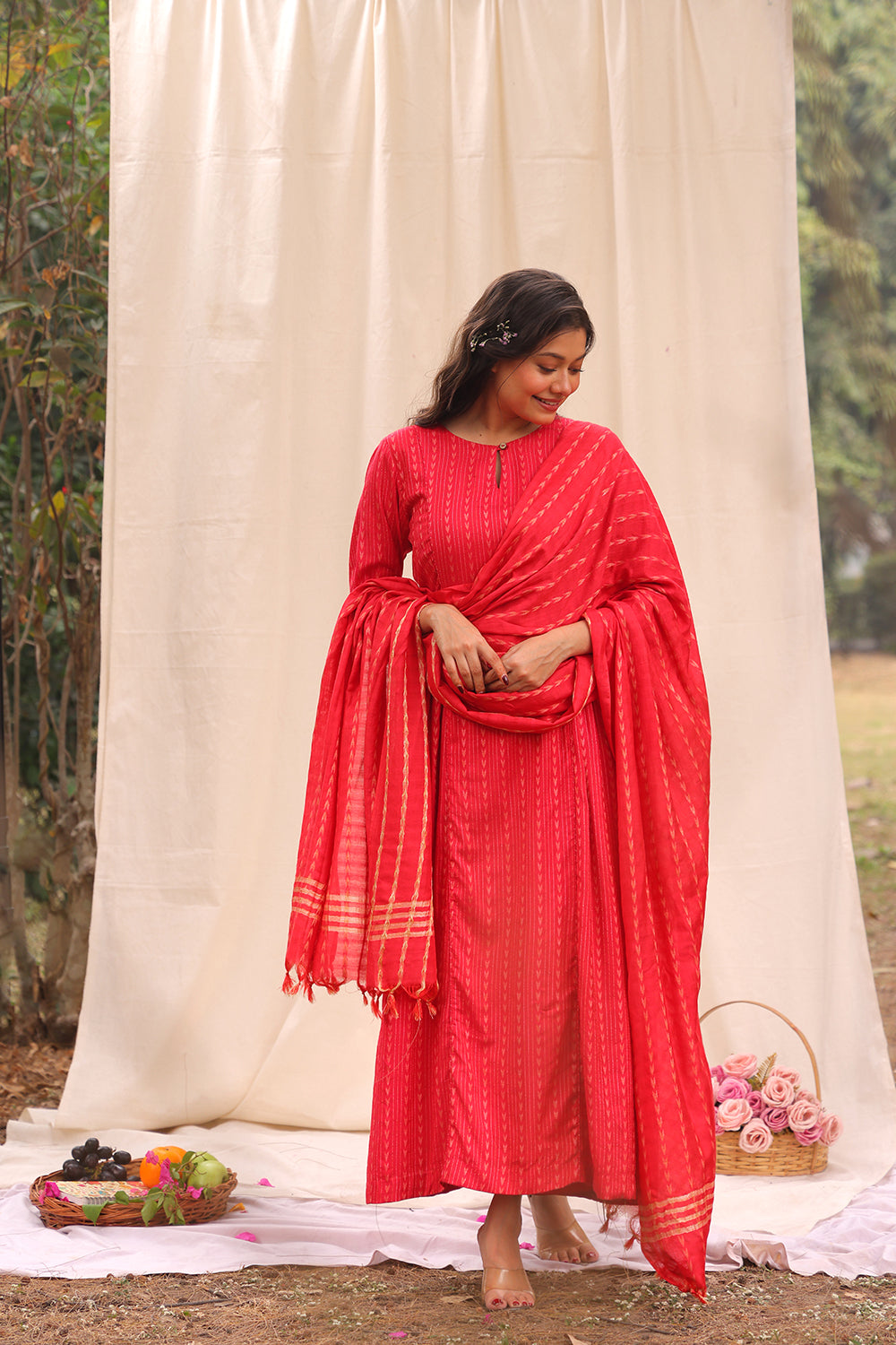 Candy Red Soft Cotton Silk Woven Kurta Set With Dupatta