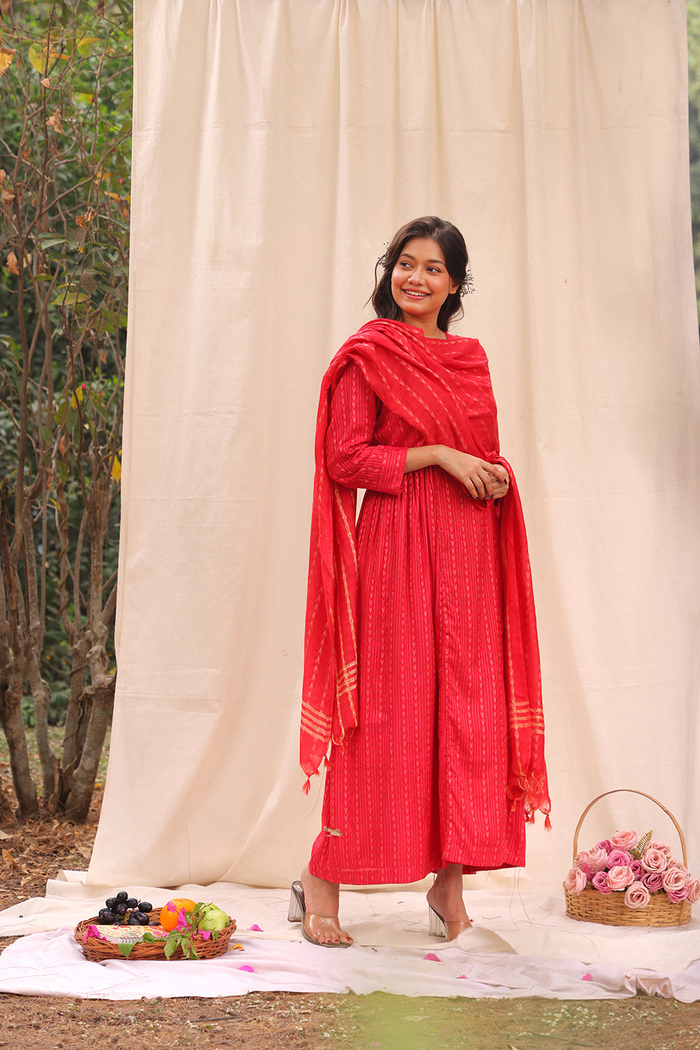 Candy Red Soft Cotton Silk Woven Kurta Set With Dupatta