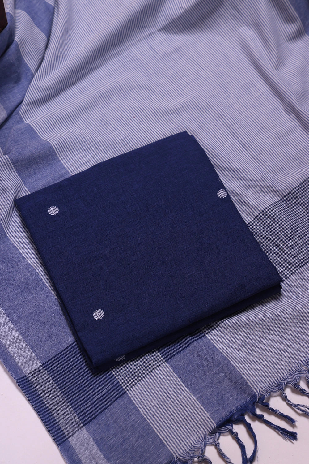 Navy Blue and White Woven Suit Set with Subtle Buti & Stripes Dupatta