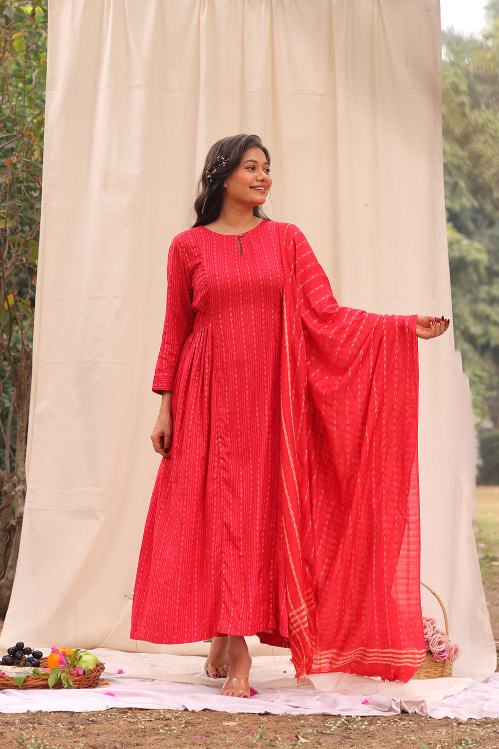 Candy Red Soft Cotton Silk Woven Kurta Set With Dupatta