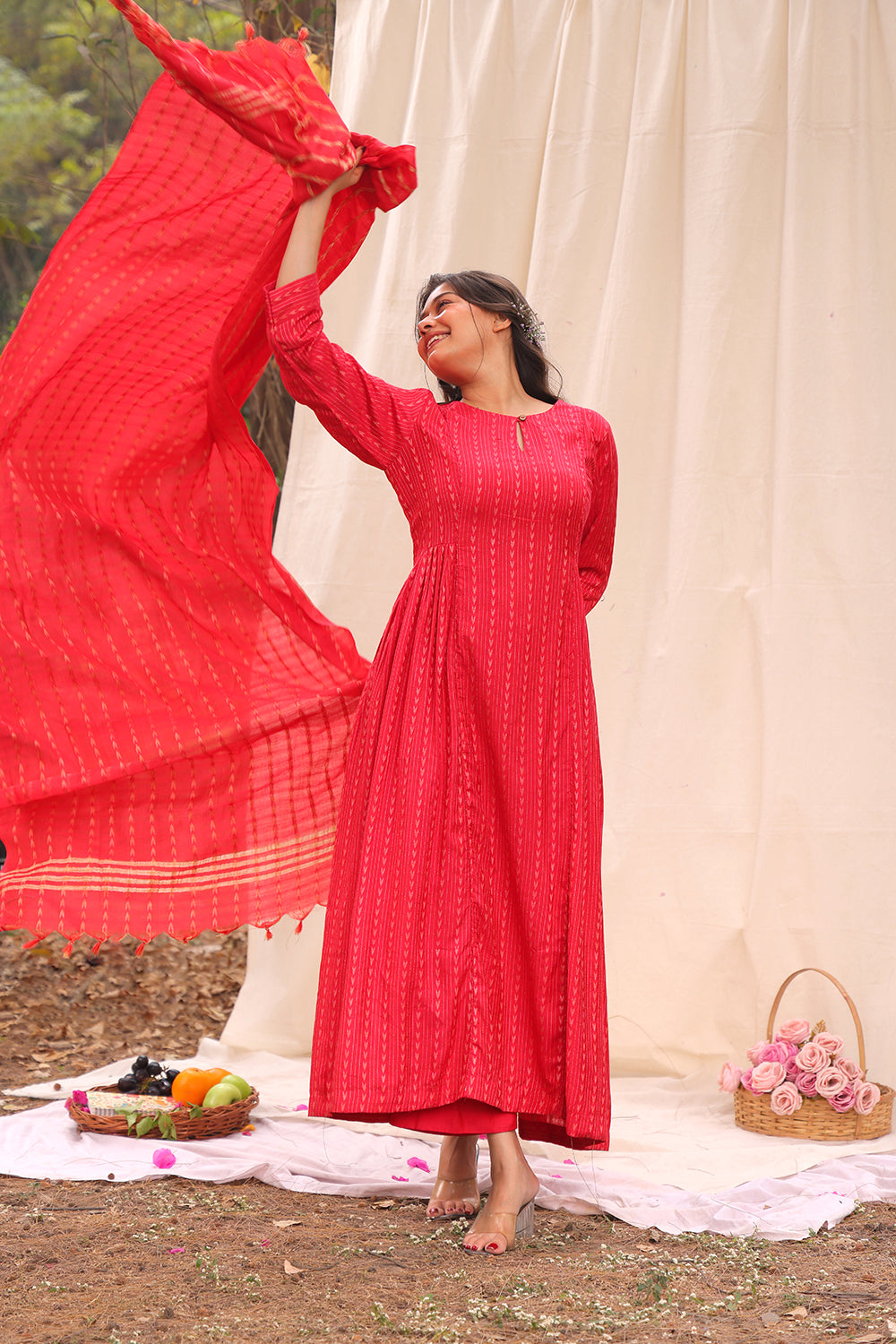 Candy Red Soft Cotton Silk Woven Kurta Set With Dupatta