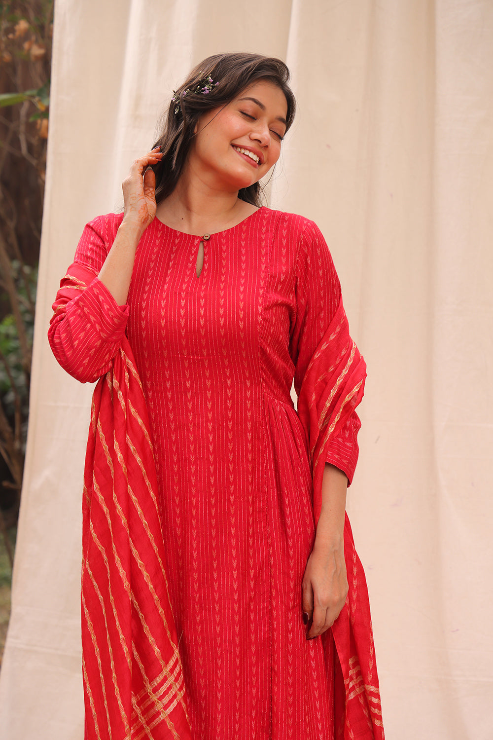 Candy Red Soft Cotton Silk Woven Kurta Set With Dupatta