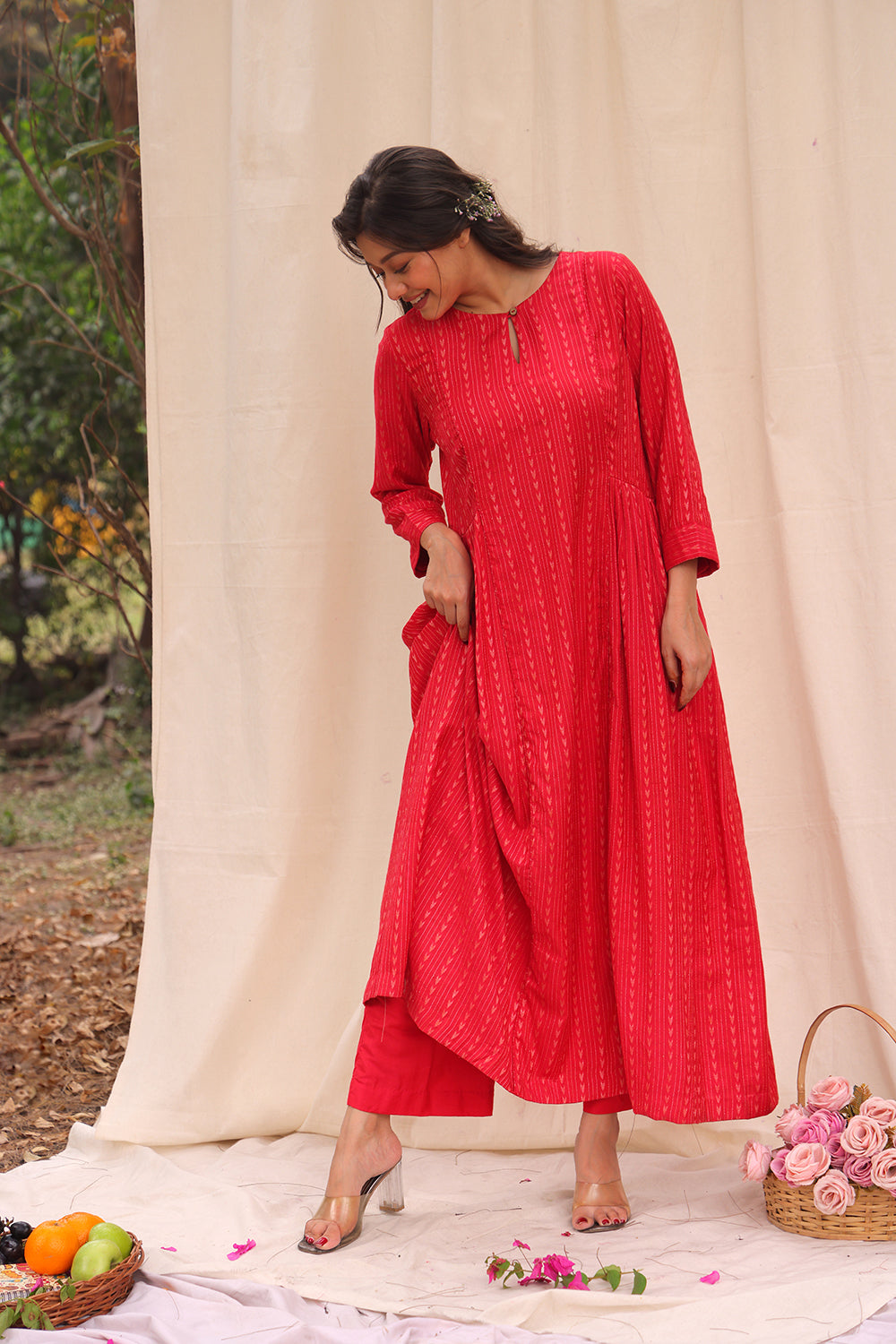 Candy Red Soft Cotton Silk Woven Kurta Set With Dupatta