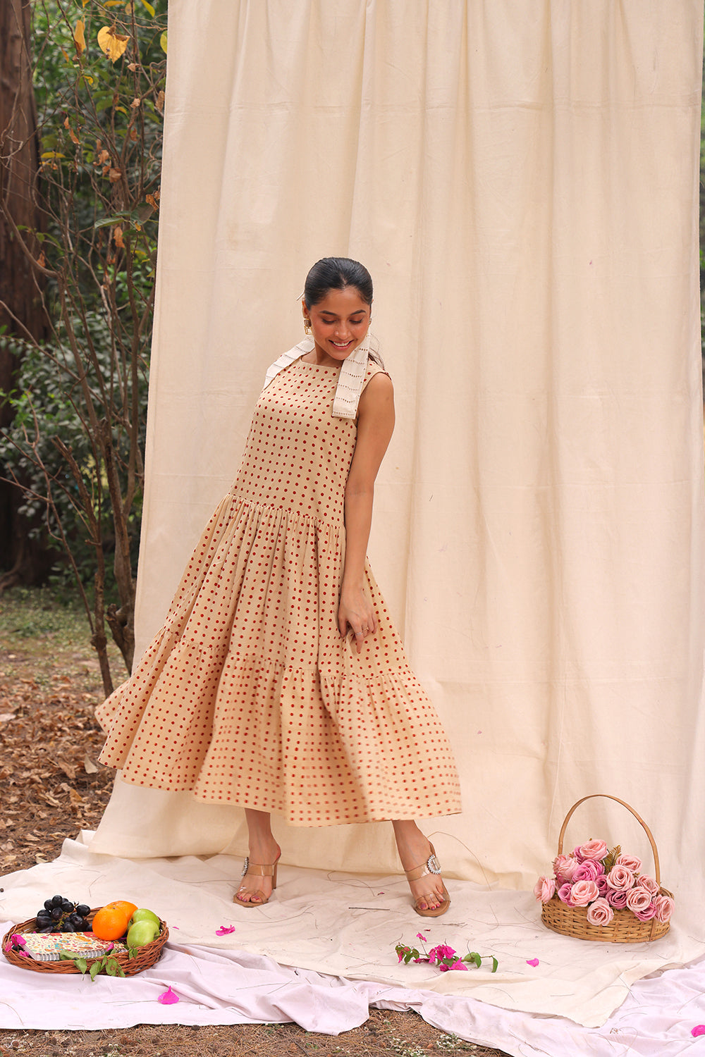 Beige Polka Block Print Cotton Dress