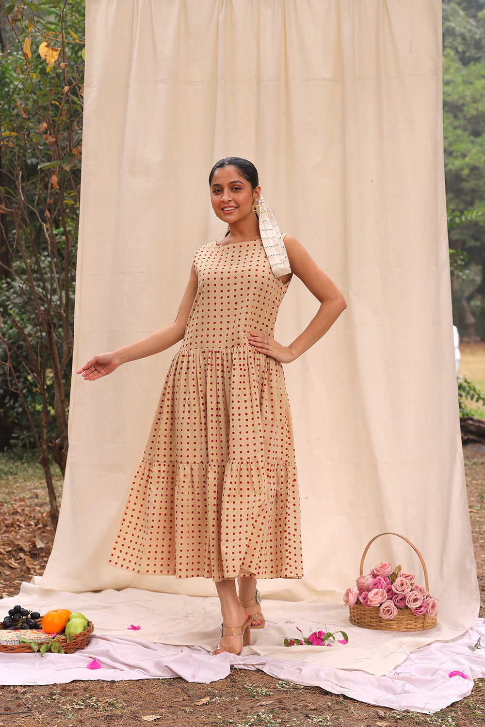 Beige Polka Block Print Cotton Dress