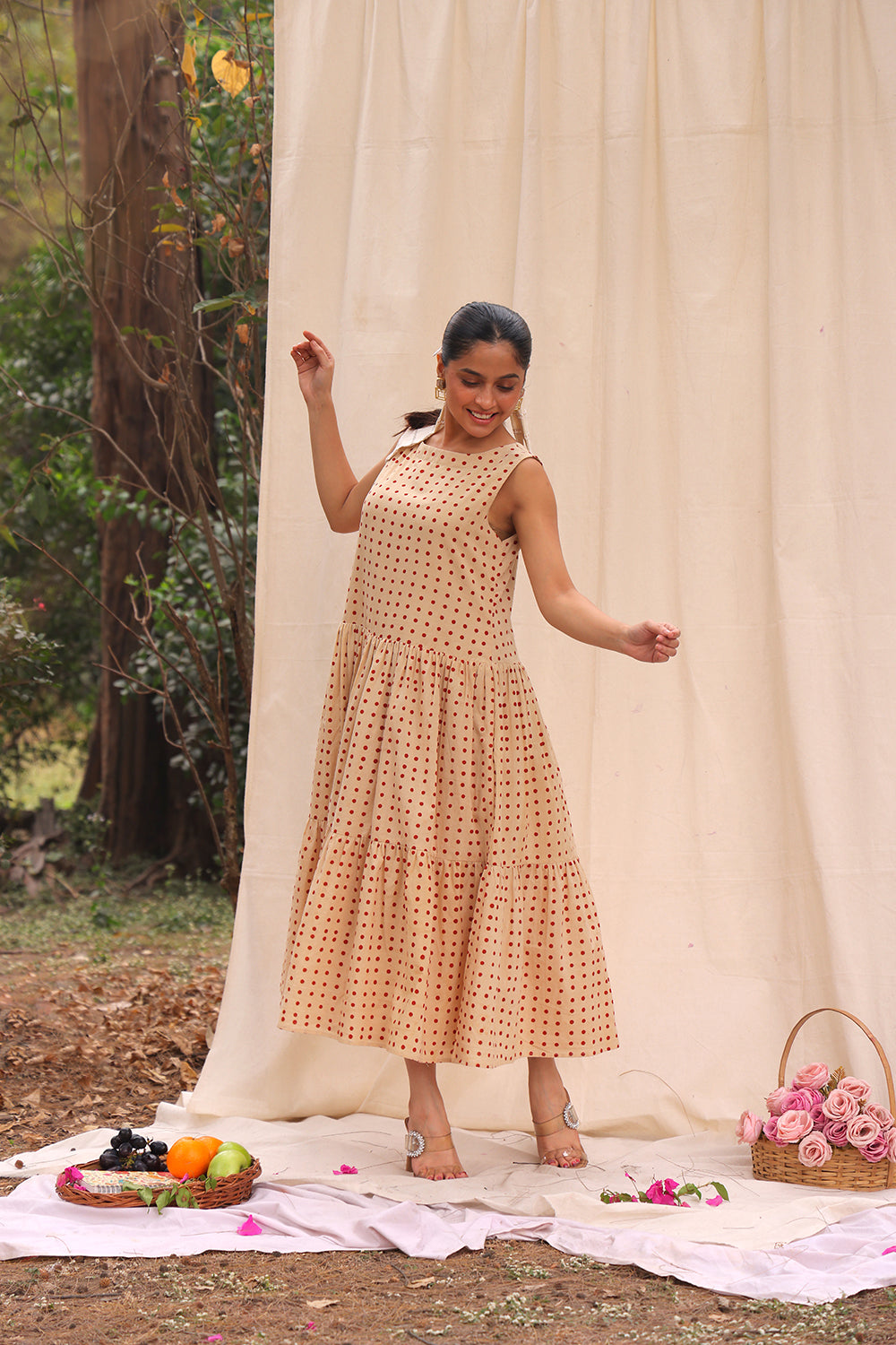 Beige Polka Block Print Cotton Dress