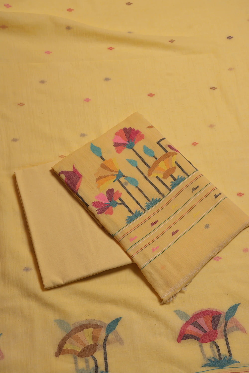 Handloom Soft Yellow Jamdani Suit Set With Dupatta