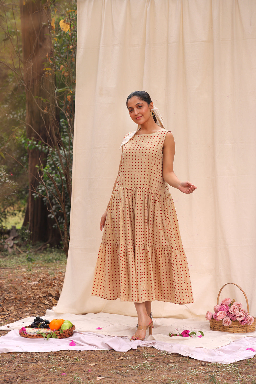 Beige Polka Block Print Cotton Dress