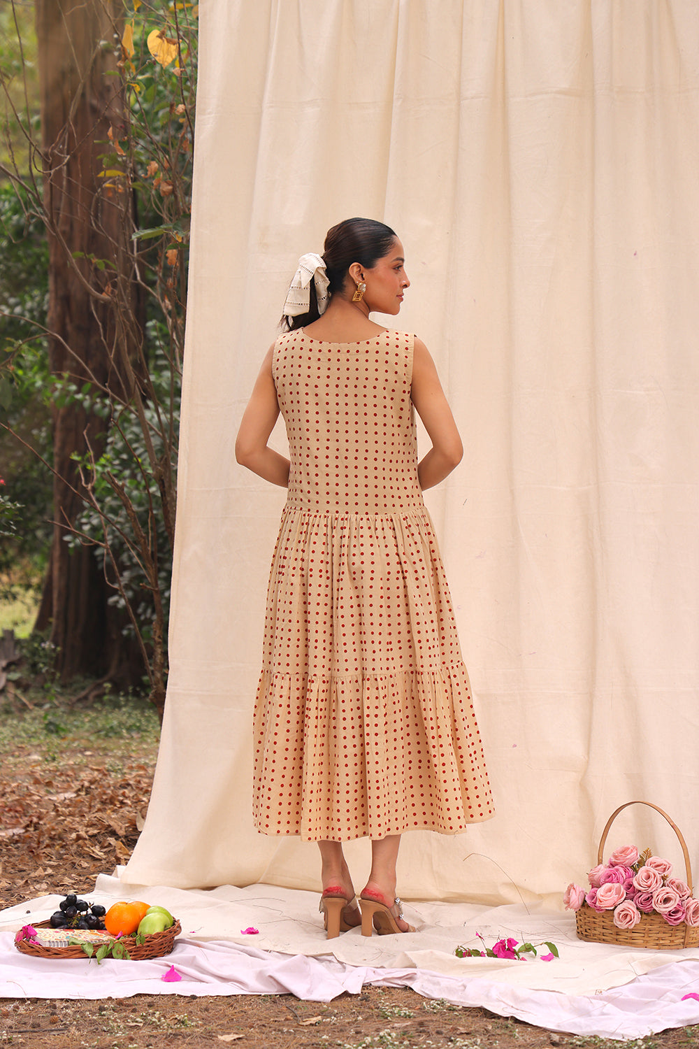 Beige Polka Block Print Cotton Dress