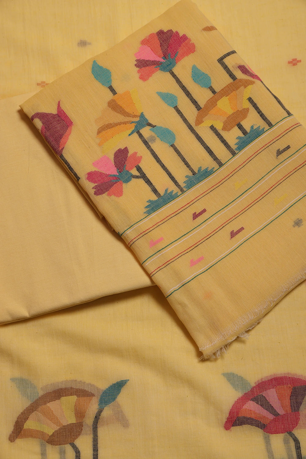 Handloom Soft Yellow Jamdani Suit Set With Dupatta