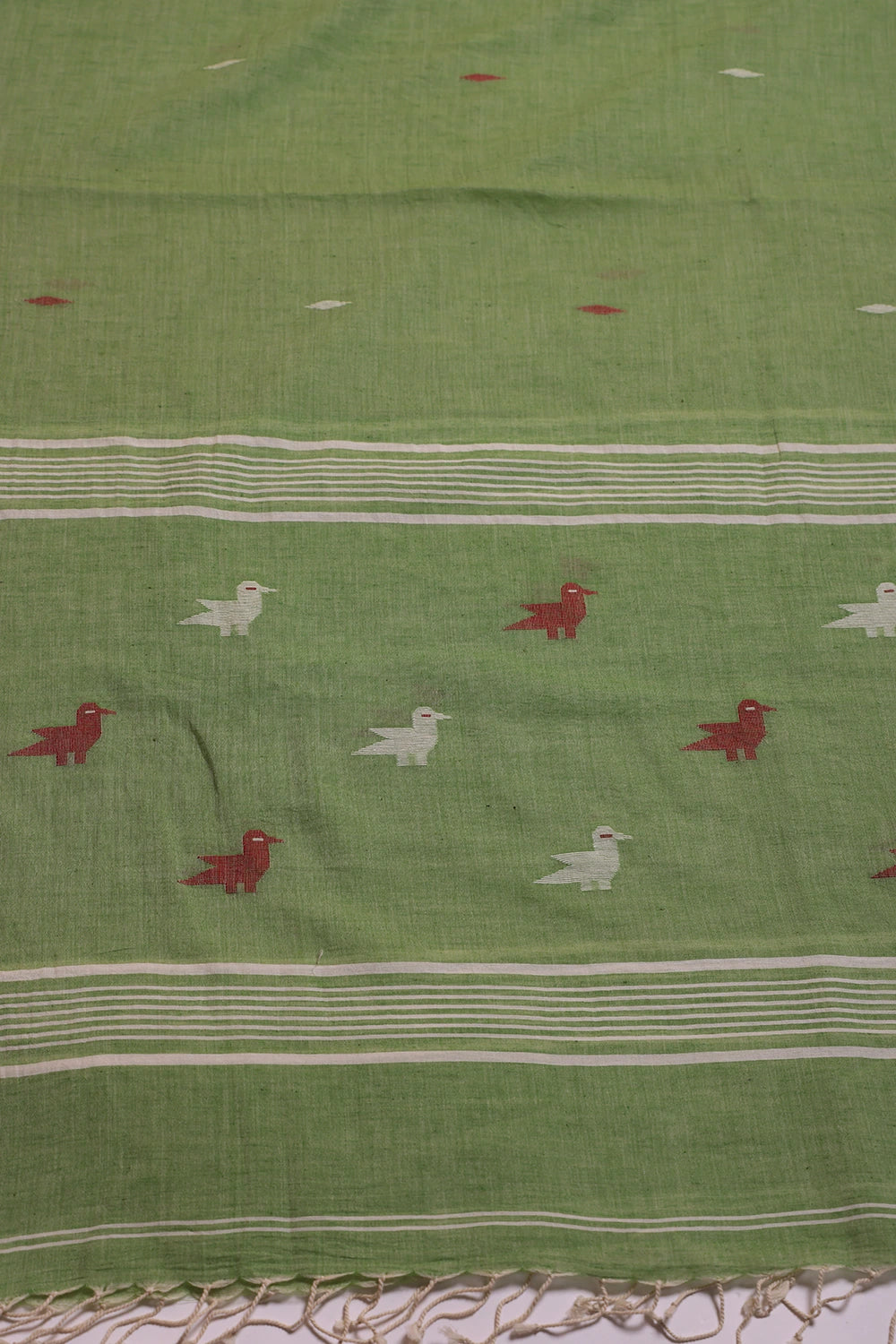 Ivory & Sage Green Bird Motif Jamdani Suit Set with Dupatta