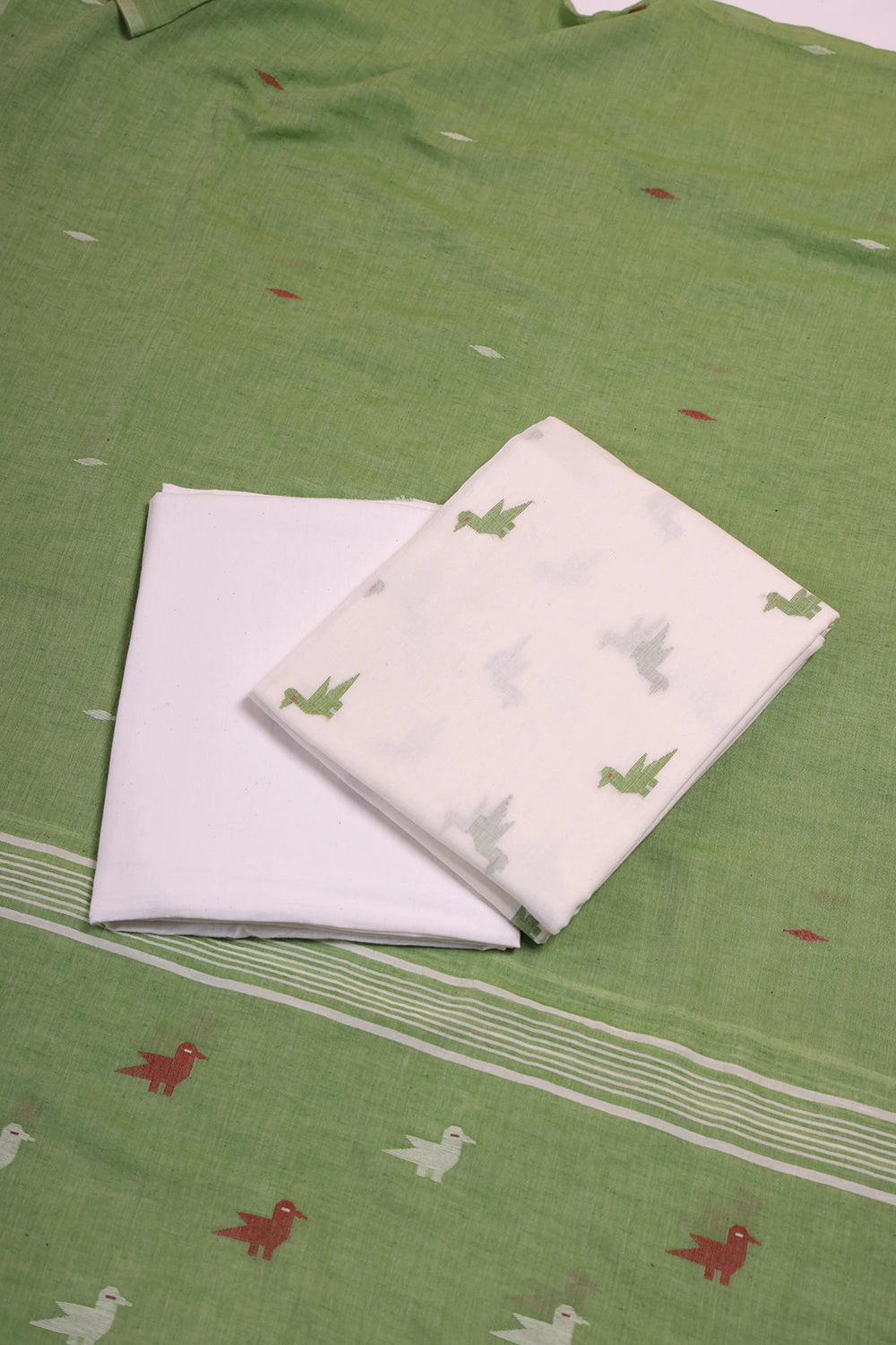 Ivory & Sage Green Bird Motif Jamdani Suit Set with Dupatta
