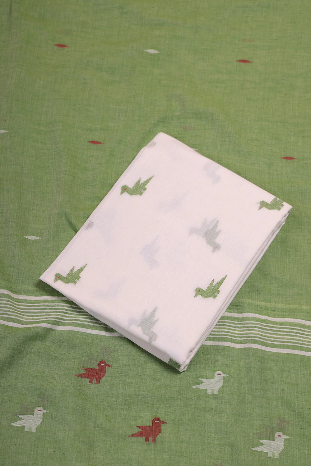 Ivory & Sage Green Bird Motif Jamdani Suit Set with Dupatta